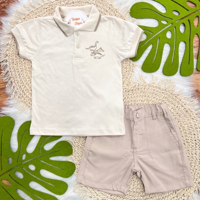 Conj Camiseta Polo dinossauros e Short sarja Areia
